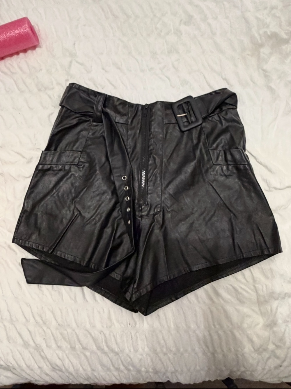 High-Waist Faux Leather Black Women's Shorts with Belt